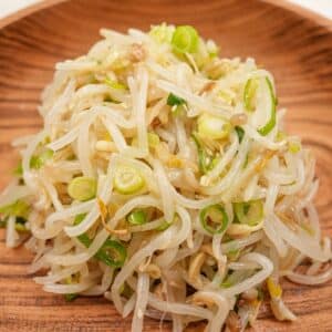 Korean Bean Sprout Side Dish in a wooden bowl.
