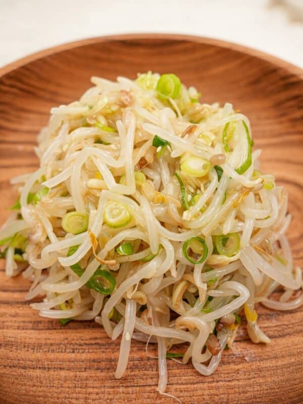 Korean Bean Sprout Side Dish in a wooden bowl.