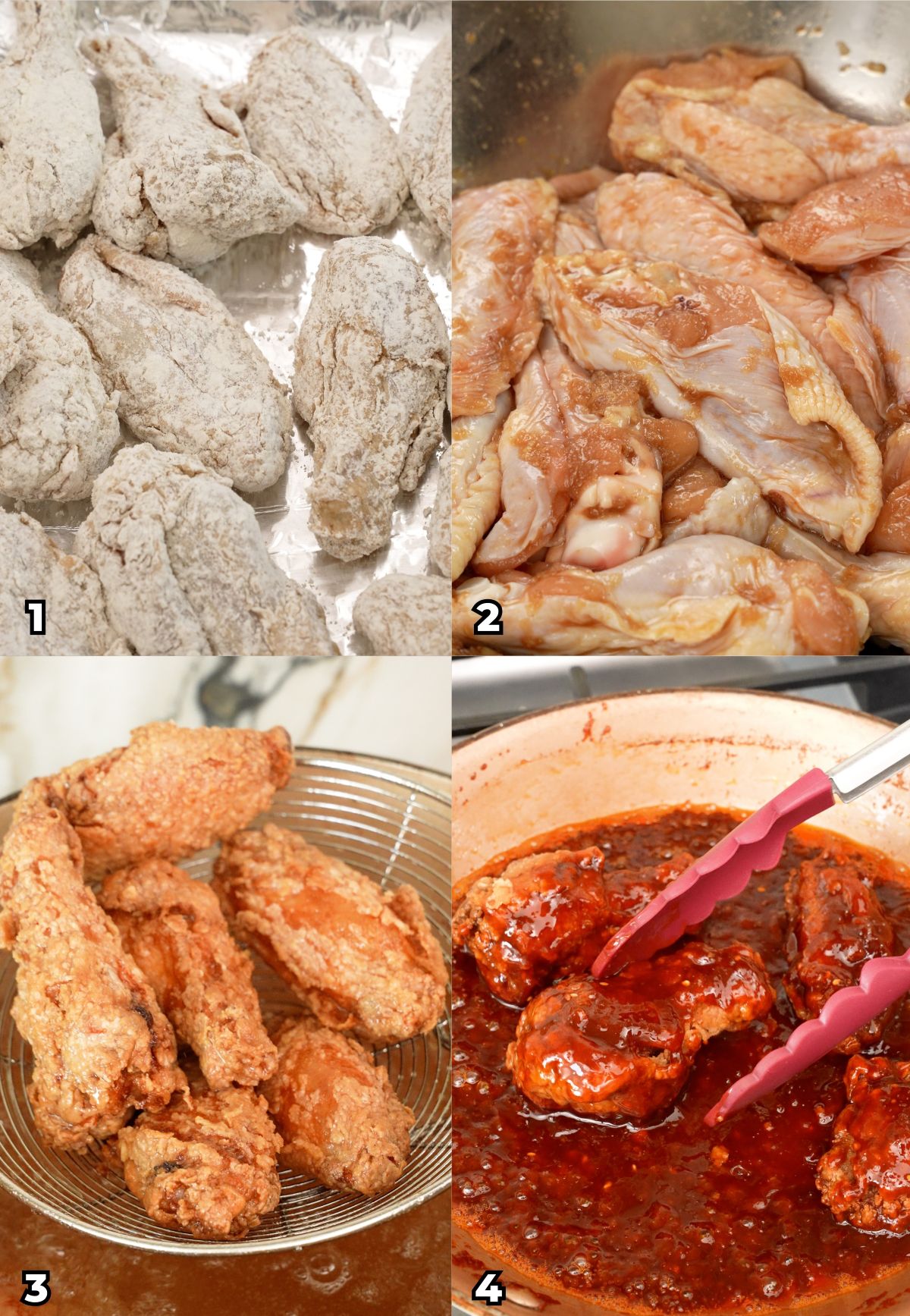 A 4 photo collage of cooking steps on how to make Korean gochujang honey wings at home.