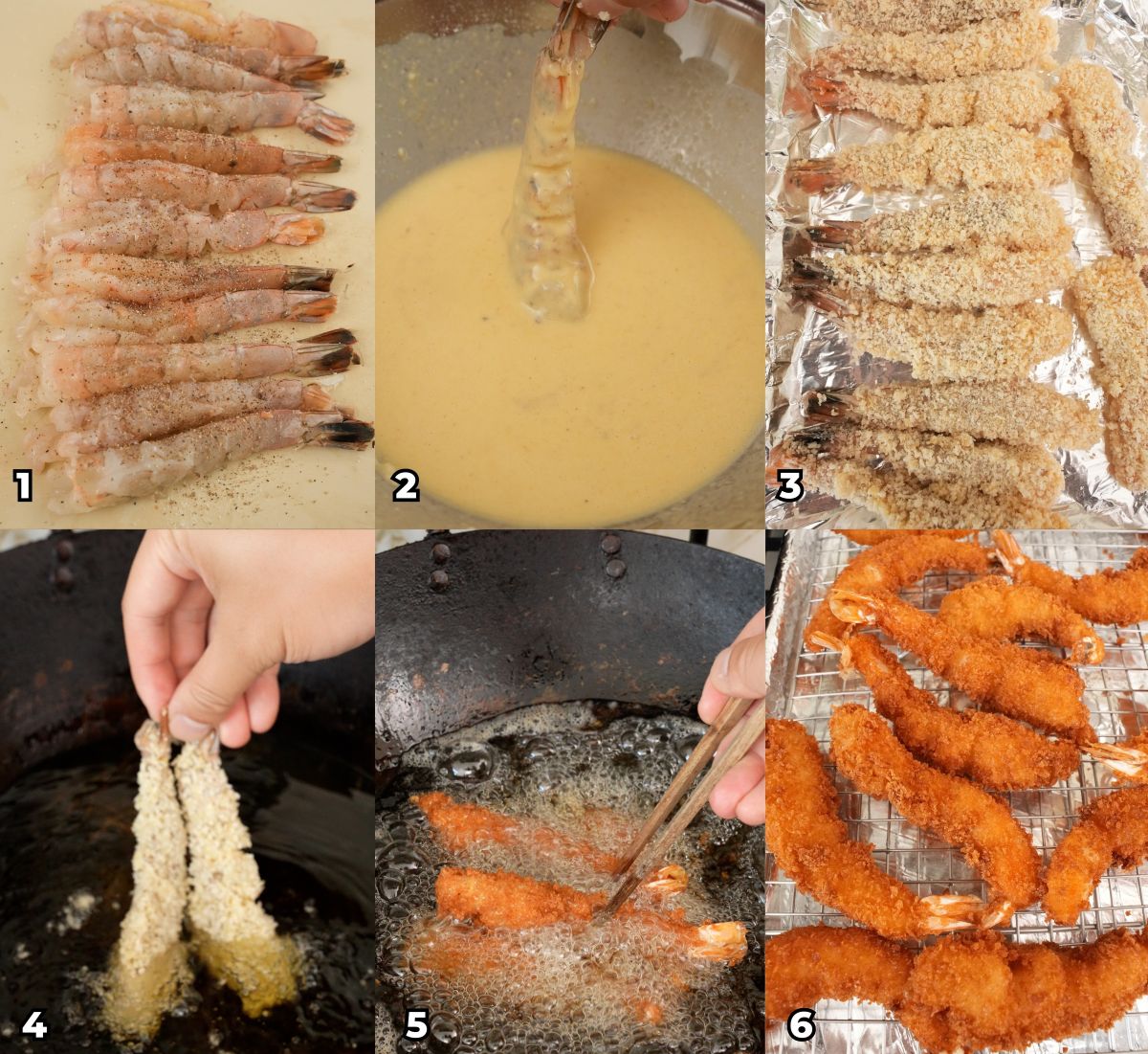 A 6 photo collage showing key cooking steps on how to make crispy fried Japanese Panko Shrimp at home.