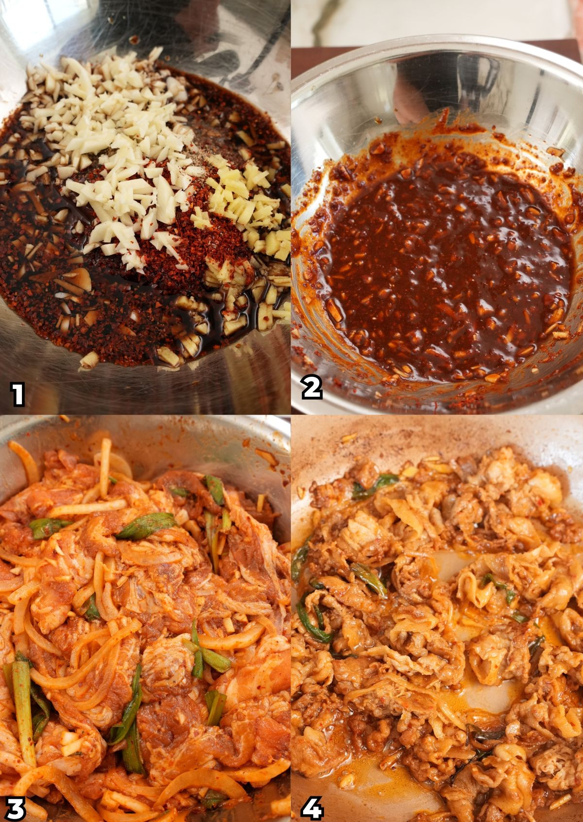 A 4 photo collage of key cooking steps on how to make a Korean Spicy Pork Bulgogi at home.