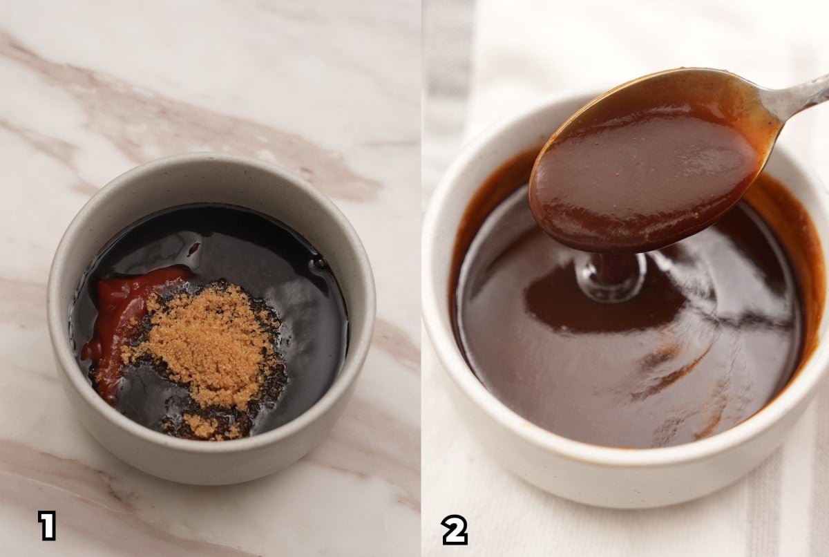 A 2 photo collage on how to make homemade authentic Tonkatsu sauce.