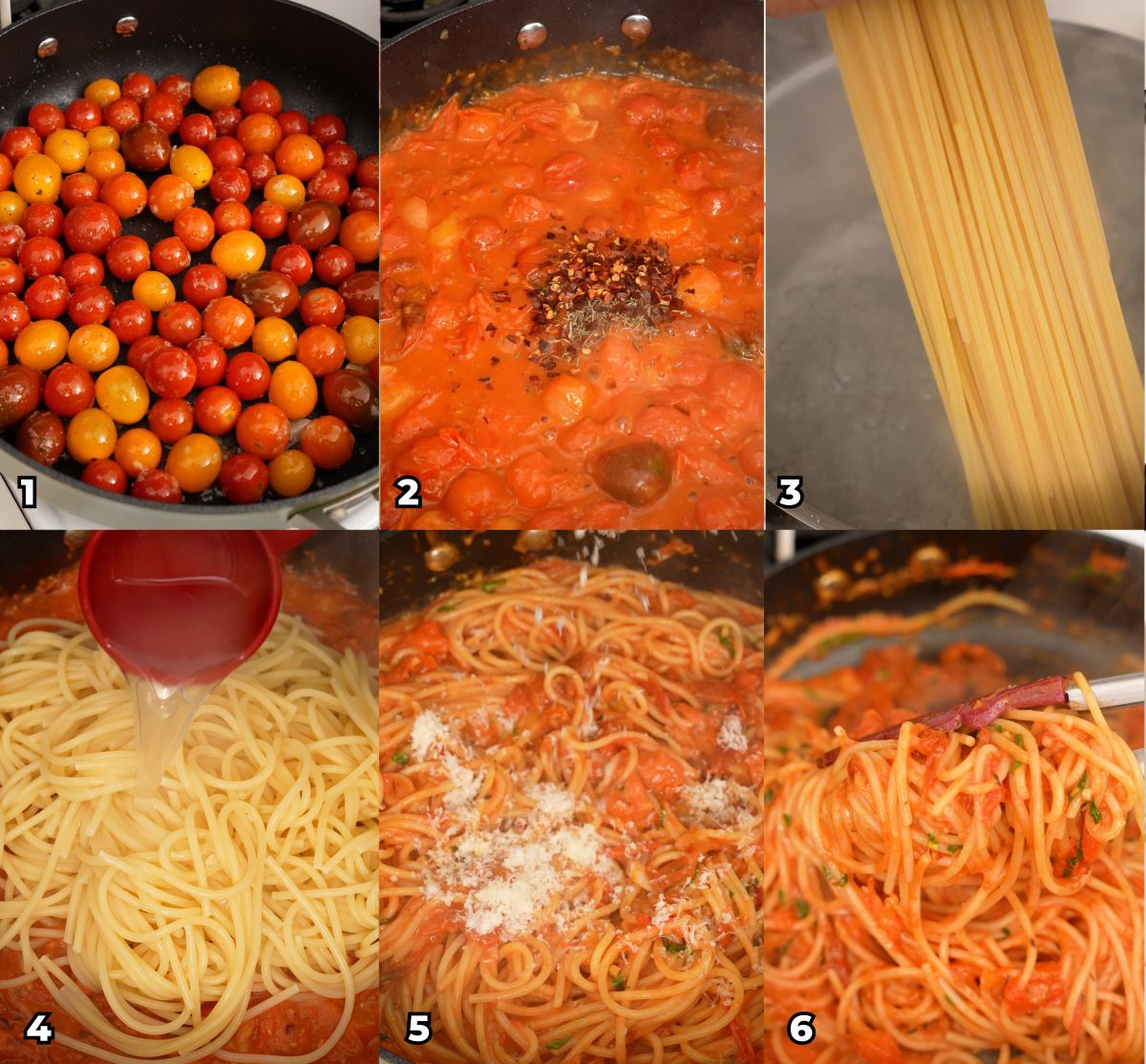 A 6 photo collage showing key cooking steps on how to make Cherry Tomato Pasta at home.