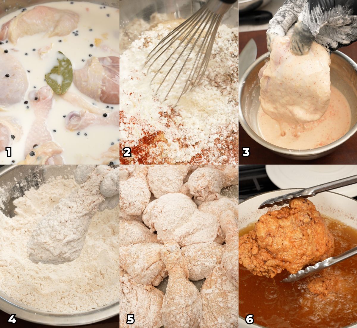 A six photo collage of key cooking steps on how to make the best crispy, juicy fried chicken at home.