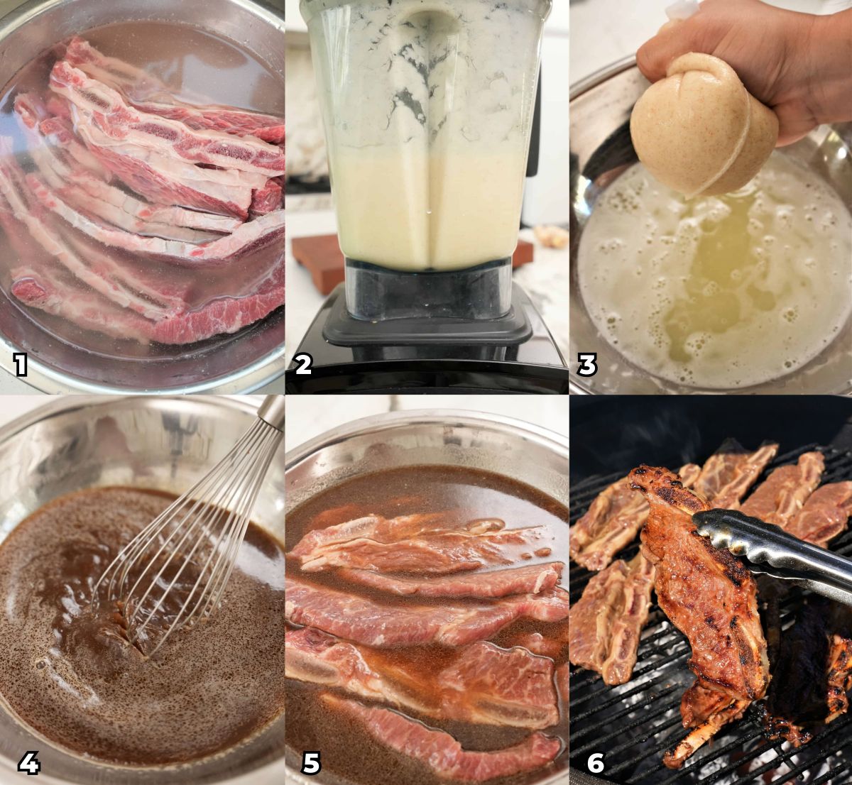 A six photo collage showing how to make Korean Marinated Short Ribs (Galbi) at home which includes soaking the ribs in water, blending the marinade and filtering out the juice, mixing the marinade ingredients, and marinating and grilling the ribs.