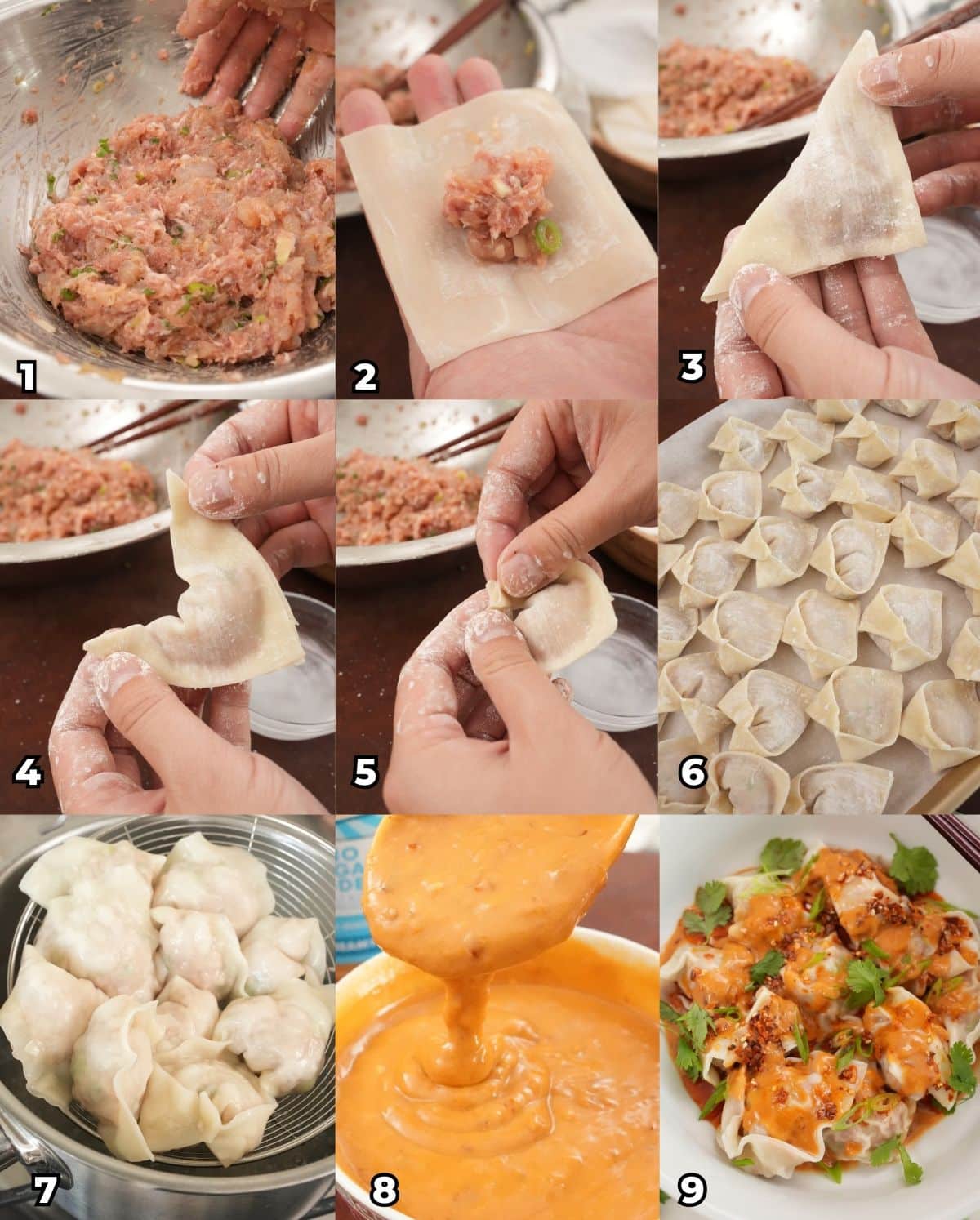 A 9 photo collage showing key cooking steps on how to make a Wontons with Spicy Peanut Sauce at home.