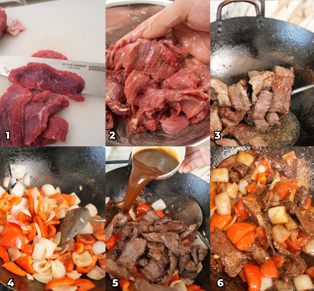 A 6 photo collage showing key cooking steps on how to make an Black Pepper Beef at home.