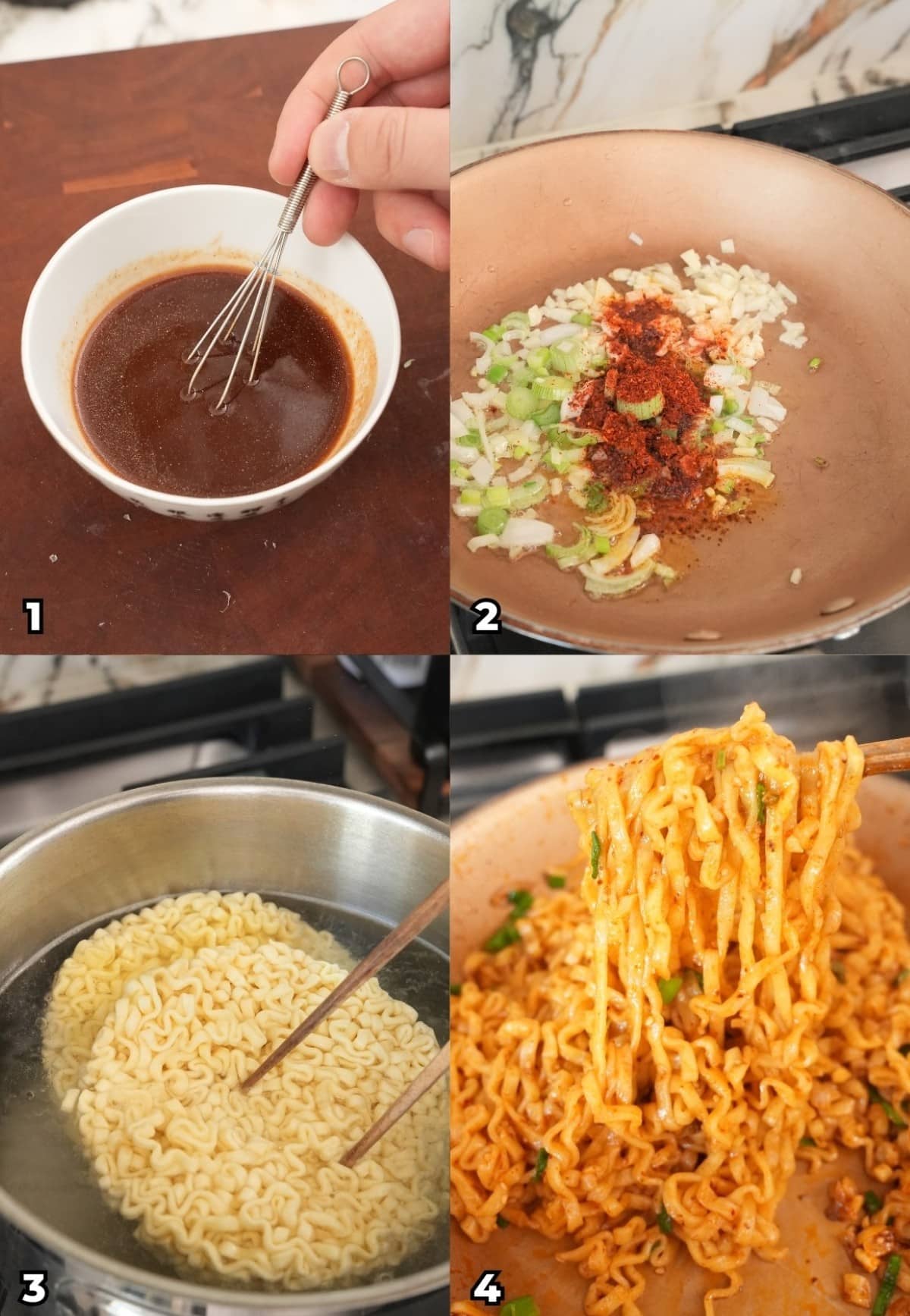 A 4 photo collage showing key cooking steps on how to make Spicy Garlic Ramen at home.
