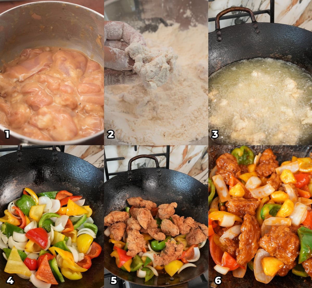 A 6 photo collage of key cooking steps showing how to make authentic sweet and sour chicken at home.