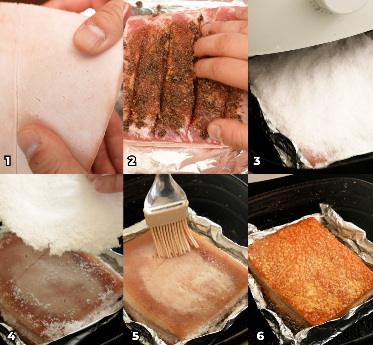 A 6 photo collage showing the key cooking steps on how to make an Air Fryer Crispy Pork Belly.