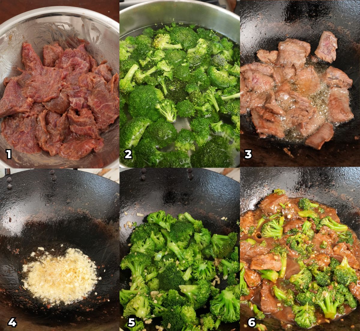 A 6 photo collage with key cooking steps on how to make an authentic Beef and Broccoli at home.