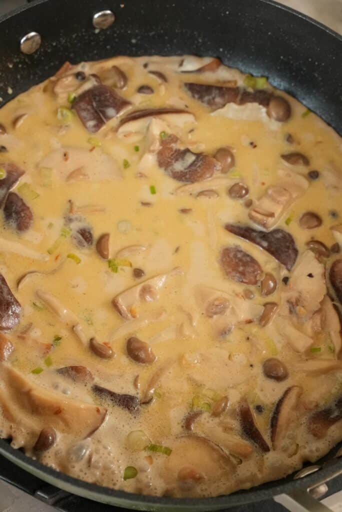 Mushroom Cream Sauce cooking in a pan