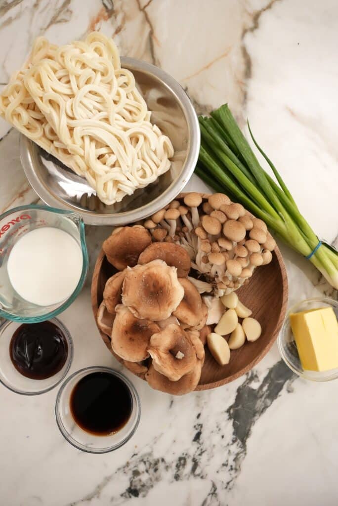 Raw ingredients for Creamy Mushroom Udon
