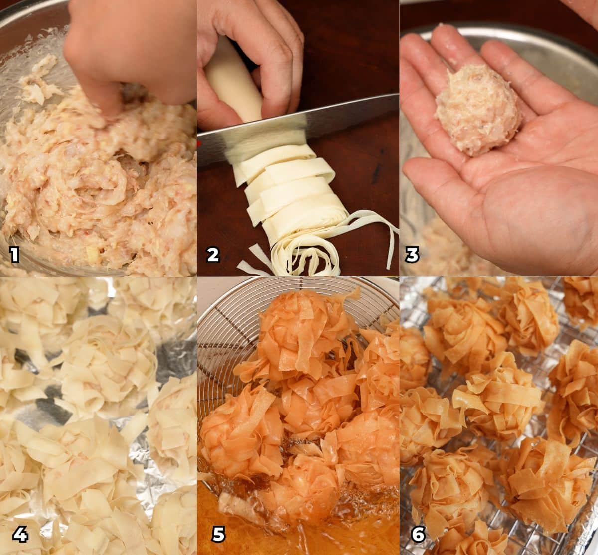 A 6 photo collage showing key cooking steps on how to make Fried Shrimp Balls like at Dim Sum.