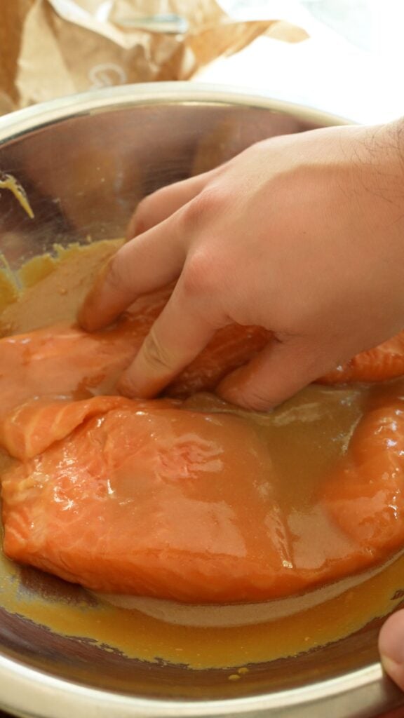 Salmon marinating in miso marinade