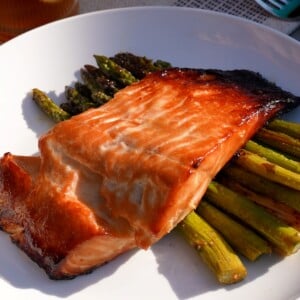 Miso glazed salmon on a plate