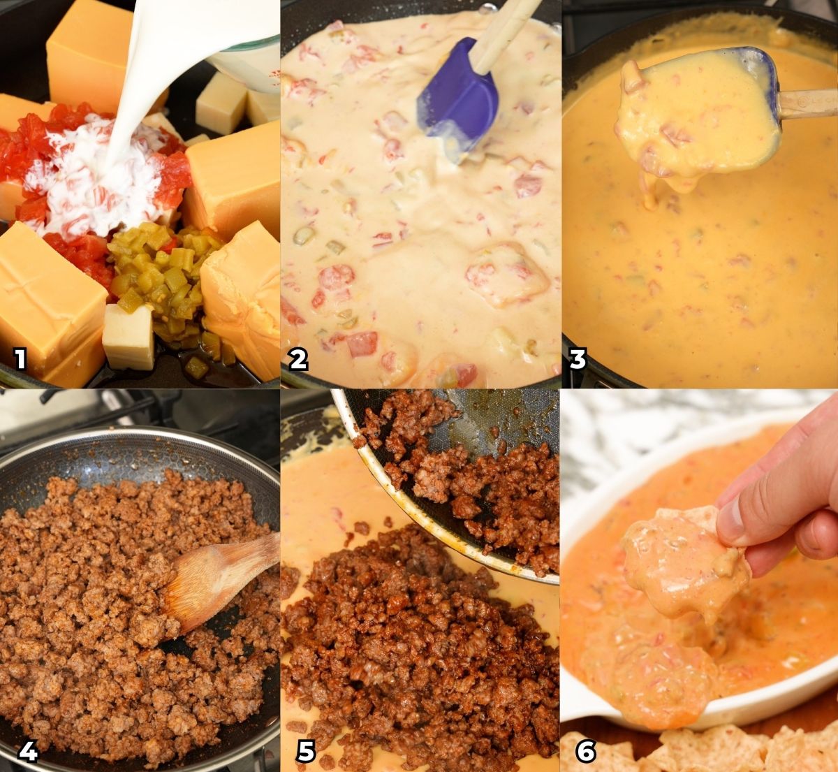 A 6 photo collage showing key cooking steps on how to make Queso Dip at home.