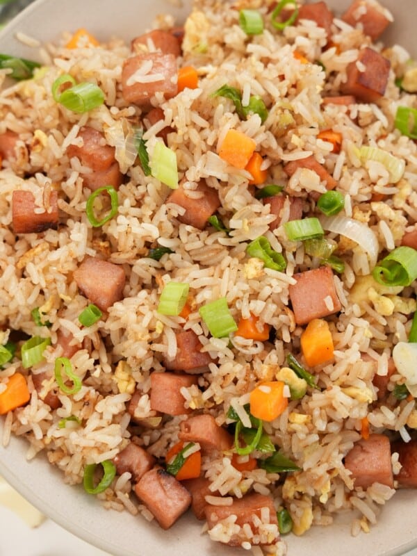 Spam Fried Rice Plated in a bowl