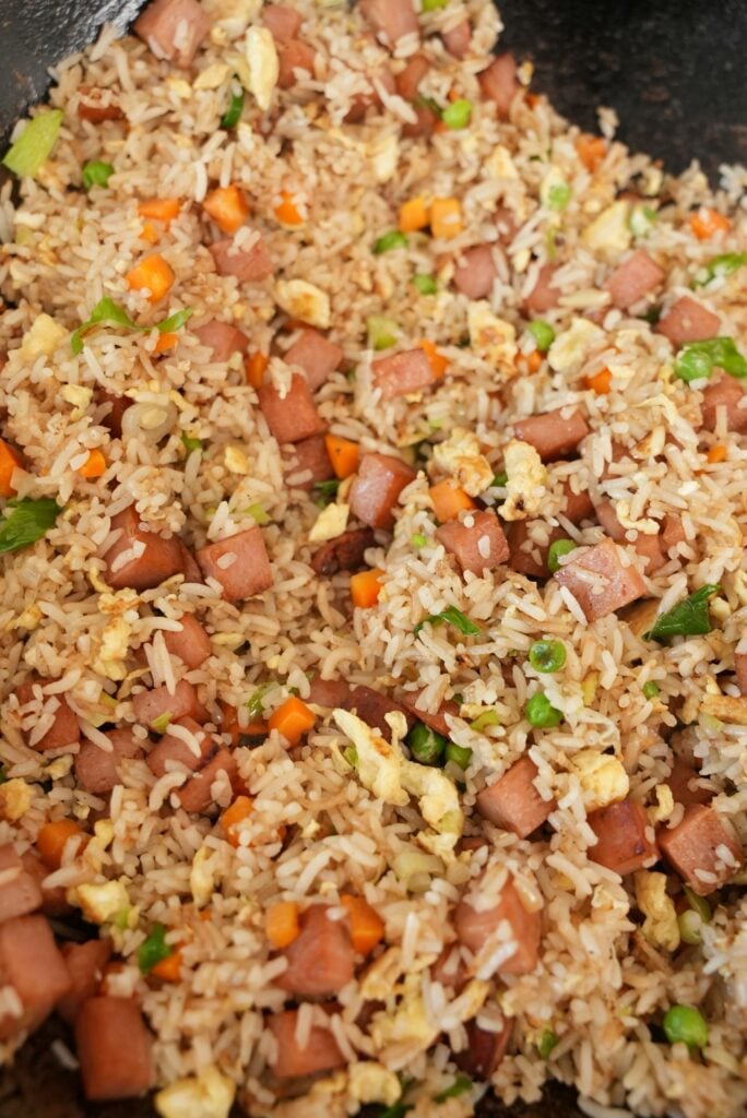 Spam Fried Rice up close in a wok