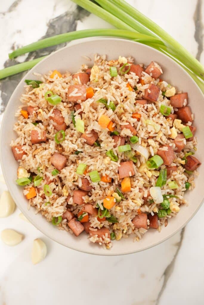 Spam fried rice plated on a bowl top down