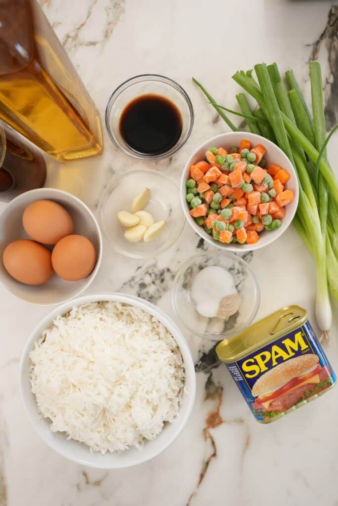 Raw ingredients for Spam Fried Rice