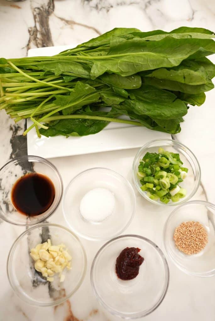 Raw ingredients for Spicy Korean Spinach Side Dish
