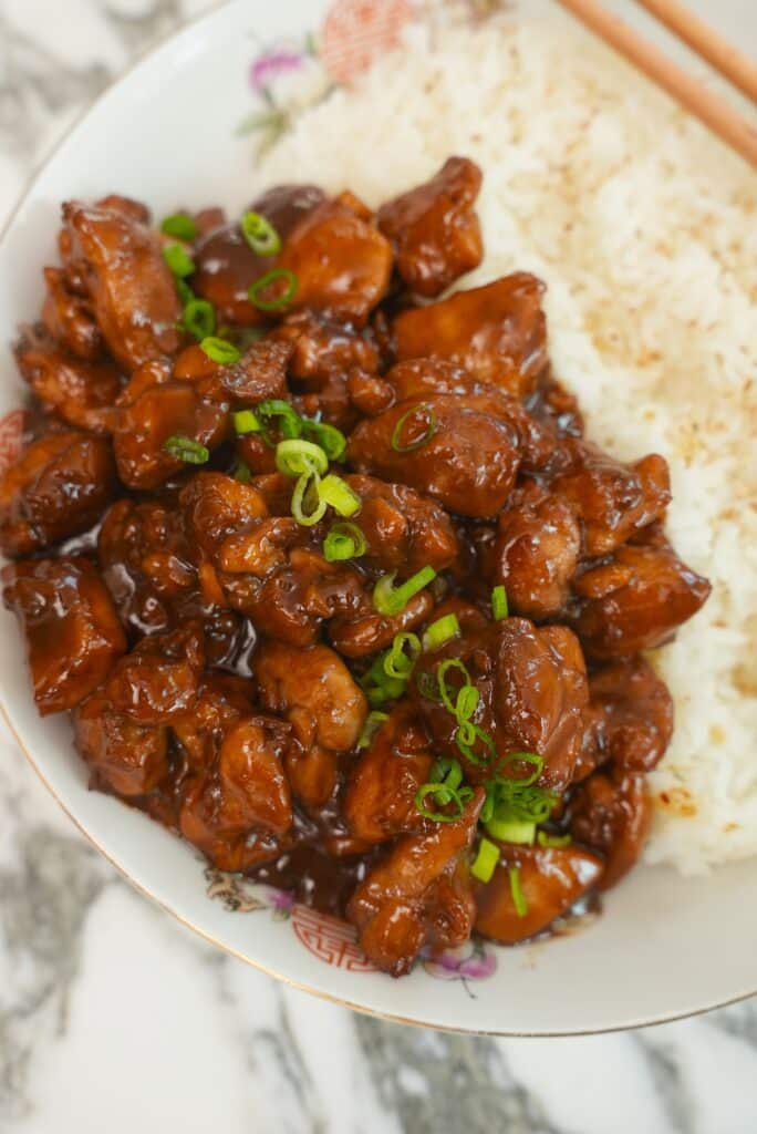 Bourbon Chicken close up plated with rice