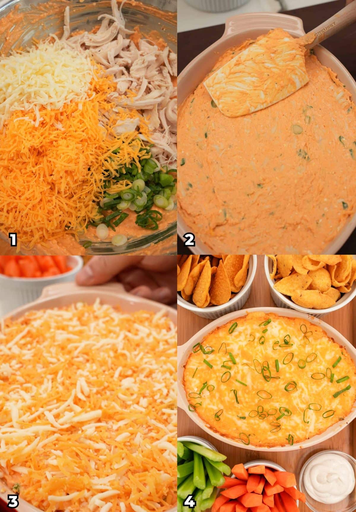 A 4 photo collage showing the key cooking steps on how to make Buffalo Chicken Dip at home.