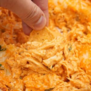 Buffalo chicken dip scooped in a bowl with corn chips.