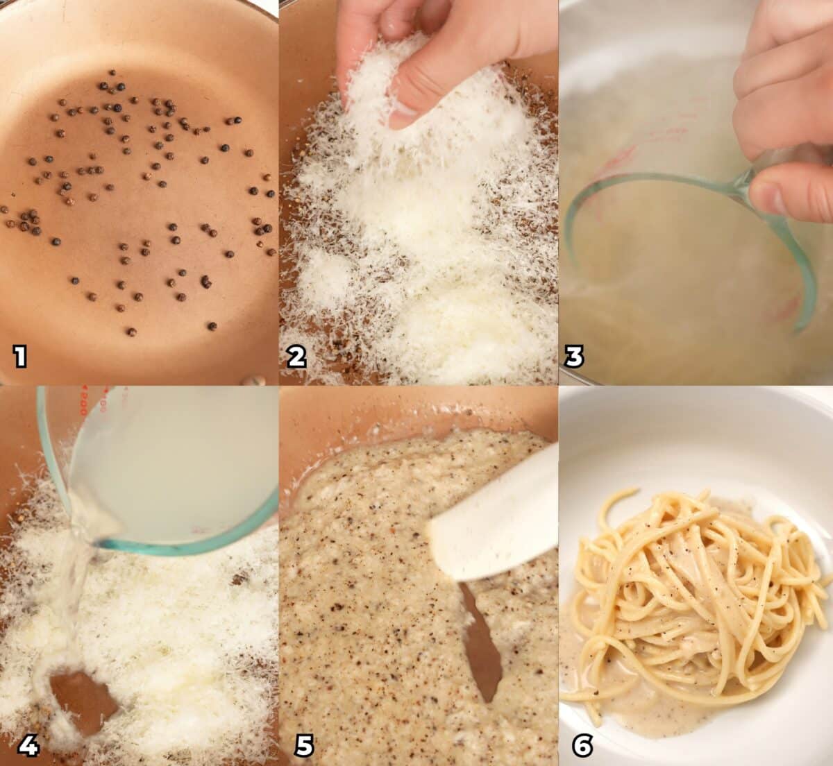 A six photo collage showing a home cook how to make an authentic Cacio e Pepe at home. 