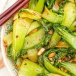 Chili Garlic Bok Choy in a plate with chopsticks.
