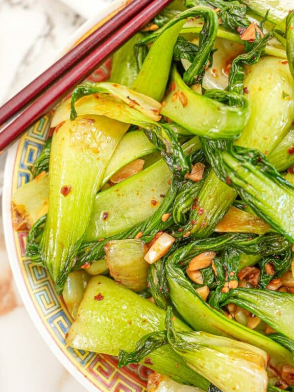 Chili Garlic Bok Choy in a plate with chopsticks.