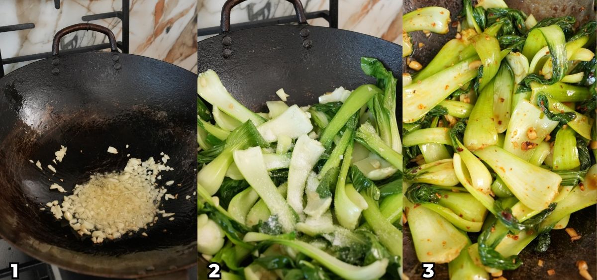 A 3 photo collage showing key cooking steps on how to make Chili Garlic Bok Choy at home.