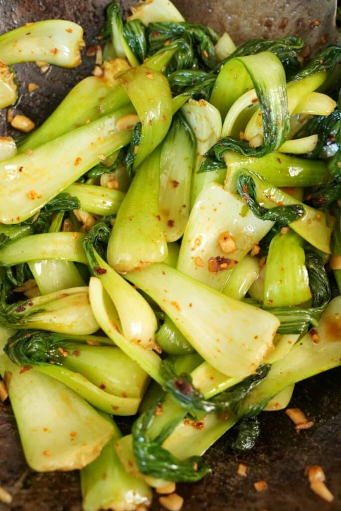 Chili Garlic Bok Choy cooked in a wok