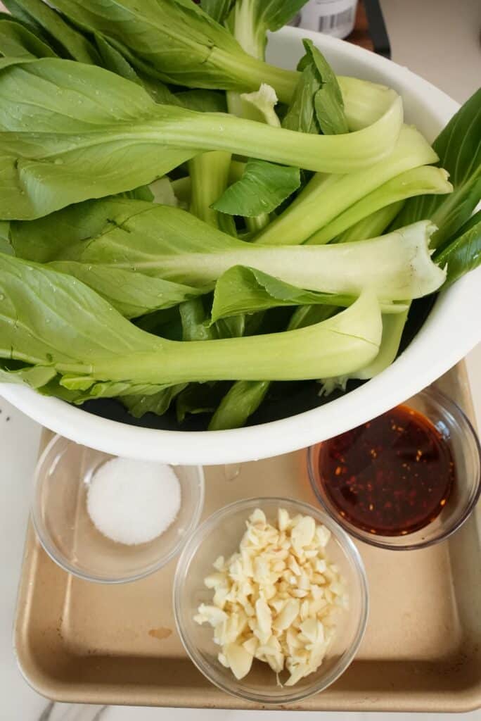 Ingredients for Chili Garlic Bok Choy prepped on a tray