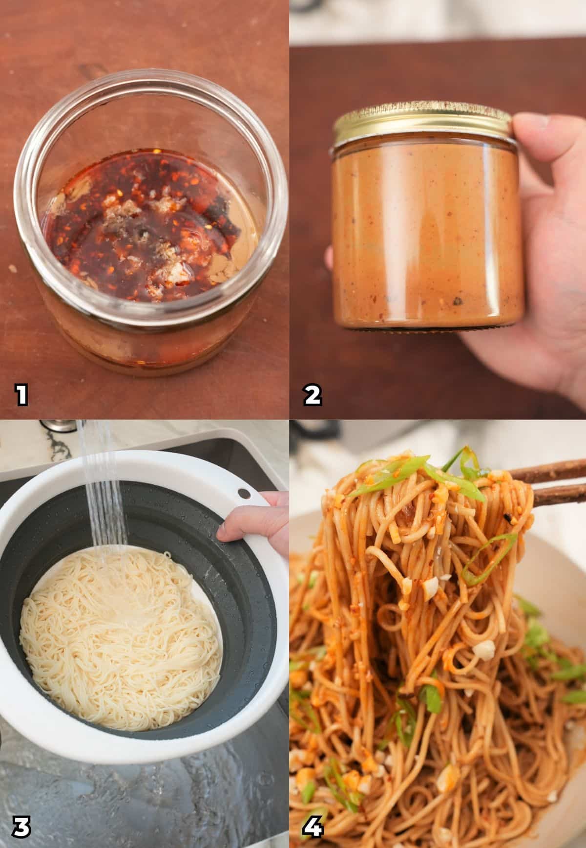 A 4 photo collage showing key cooking steps on how to make Chinese Cold Sesame Noodles.