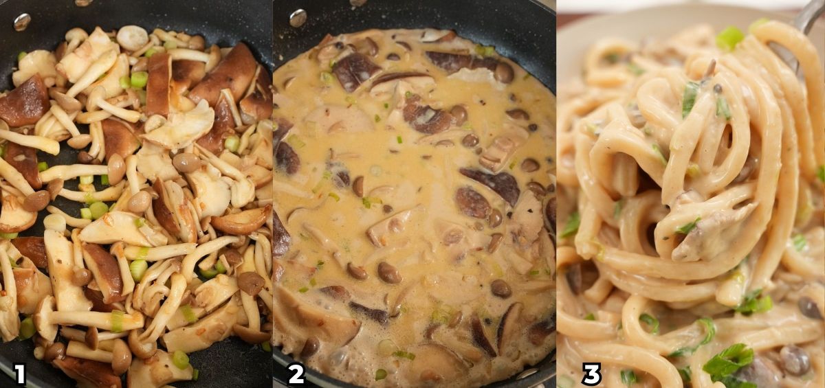 A 3 photo collage showing key cooking steps on how to make Creamy Mushroom Udon at home.