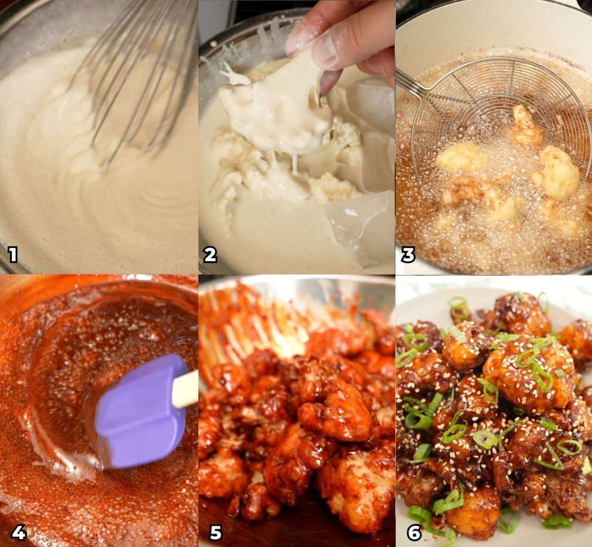A 6 photo collage showing key cooking steps on how to make crispy Korean Fried Cauliflower at home.