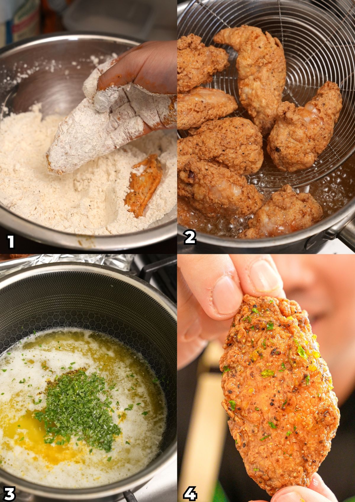 A 4 photo collage showing key cooking steps of how to make Lemon Pepper Chicken Wings.