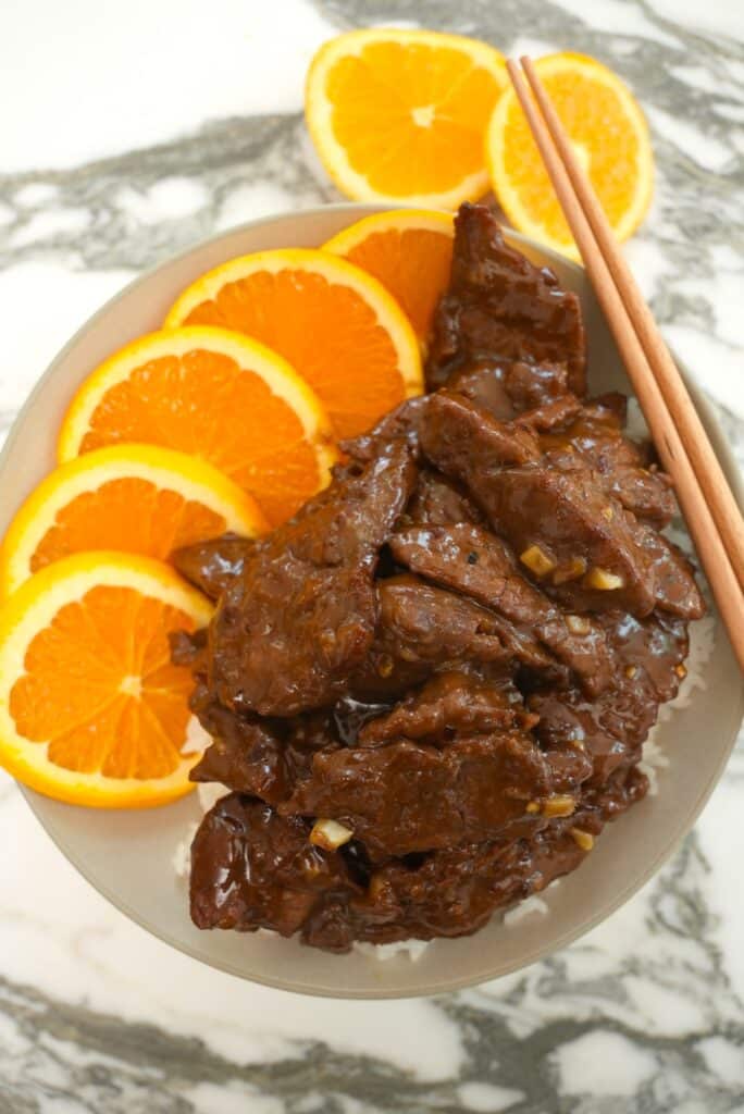 Orange beef in a bowl