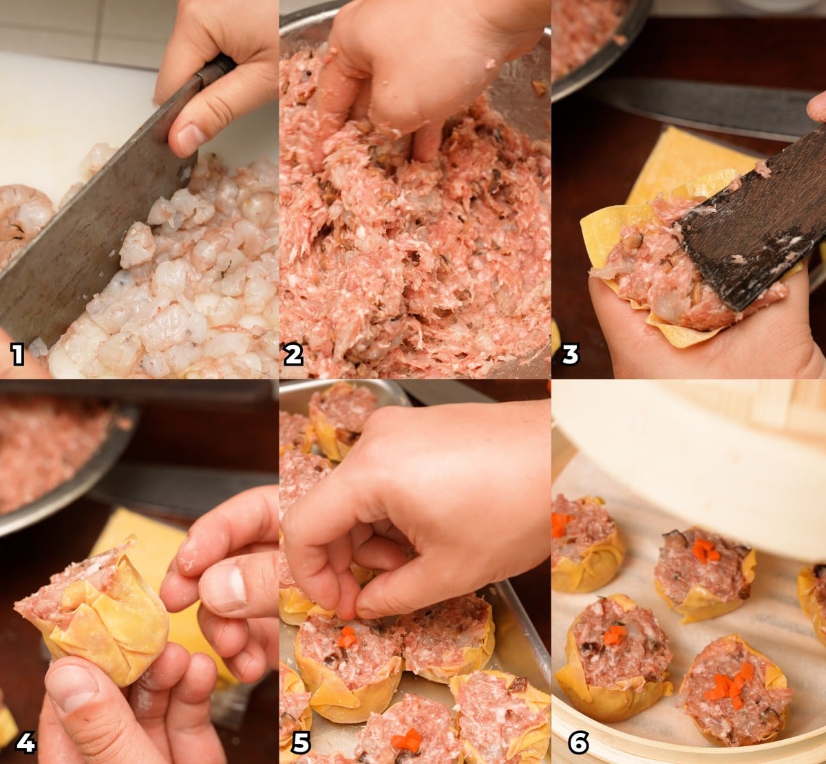 A 6 photo collage showing key cooking steps on how to make authentic Siu Mai dim sum at home.