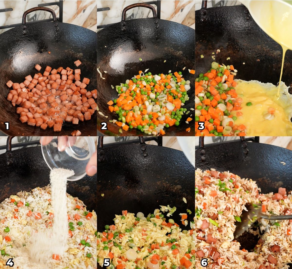 A 6 photo collage showing key cooking steps on how to make an authentic Spam Fried Rice at home.