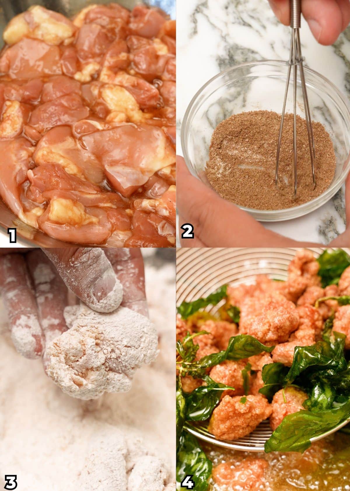 A 4 photo collage showing how to make Taiwanese Popcorn Chicken at home by marinating the chicken thigh, mixing the spices, dredging the chicken, and frying the chicken and basil in oil.