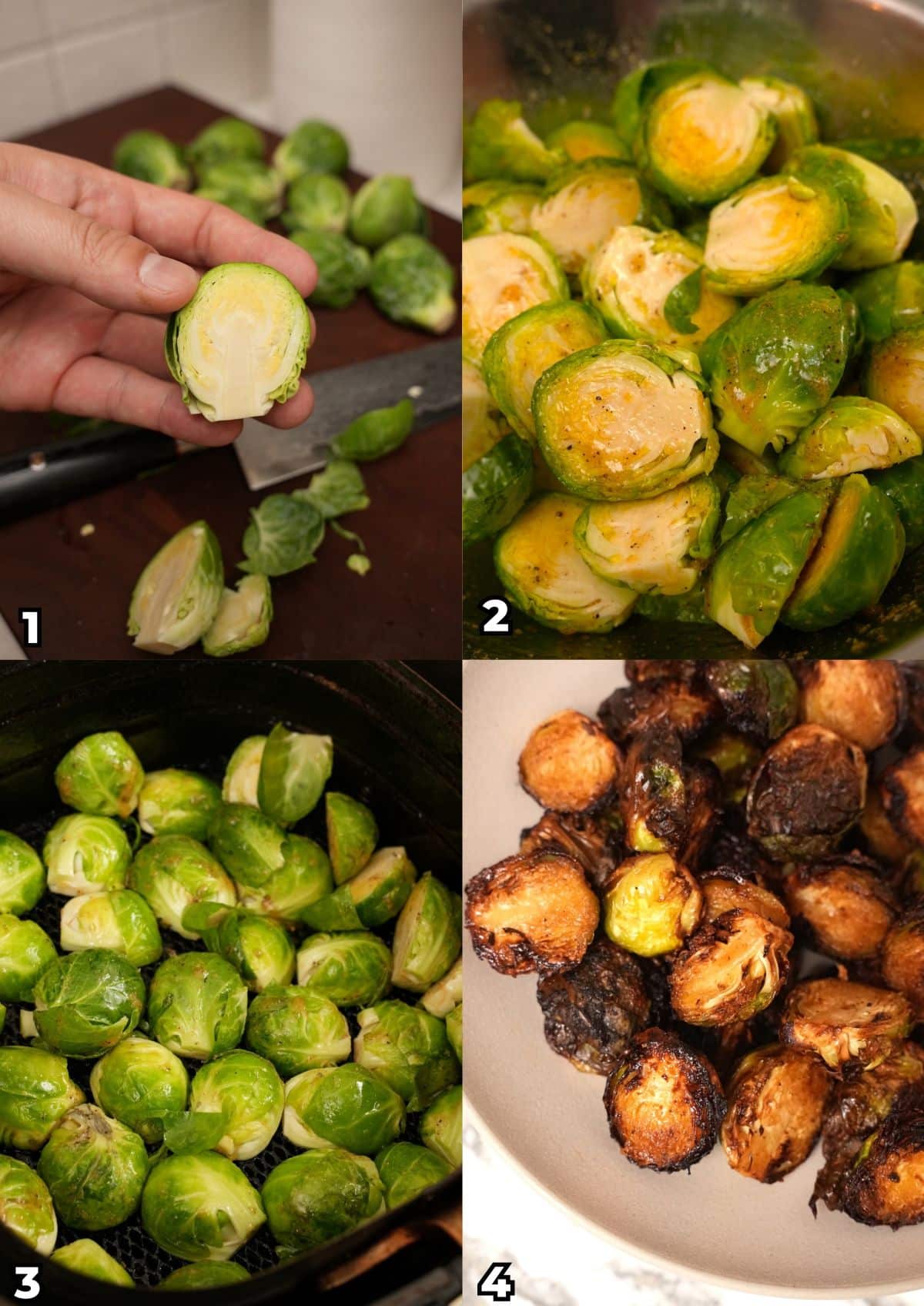 A 4 photo collage of key cooking steps showing how to make crispy air fryer brussels sprouts.