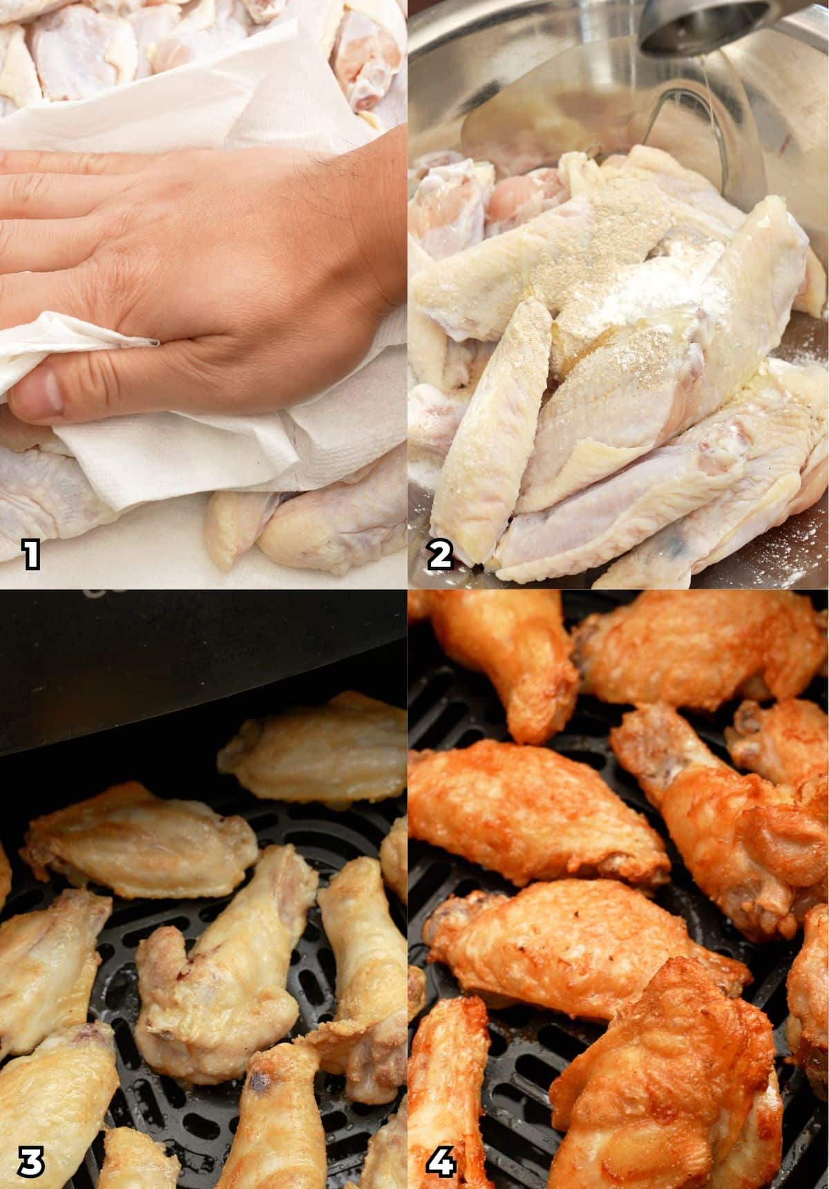 A 4 photo collage of cooking steps to make Air Fryer Chicken Wings at home: patting the wings dry with paper towels, seasoning the chicken wings with salt, white pepper, baking powder and neutral oil, and air frying the wings, flipping them halfway through cooking.