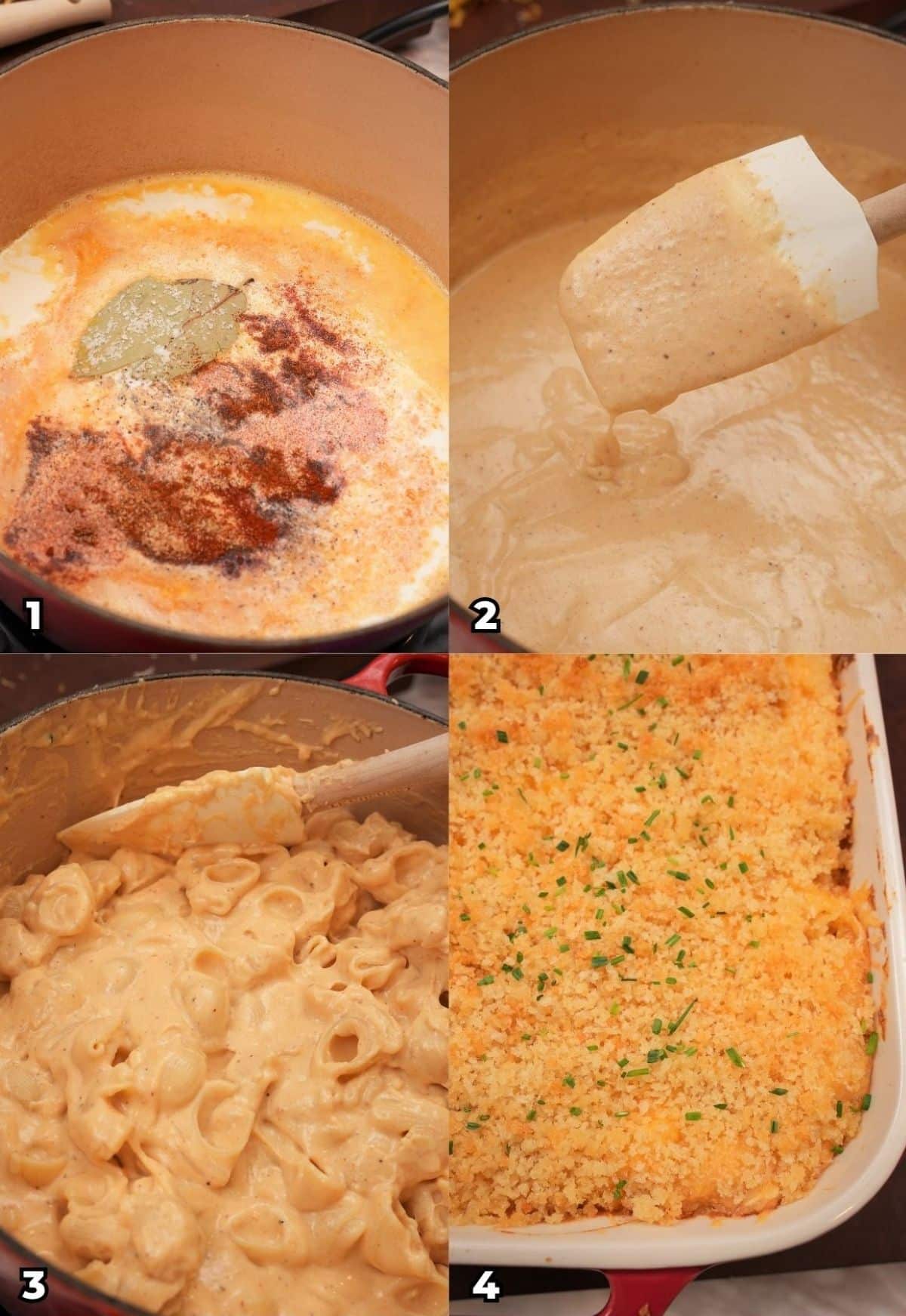 A 4 photo collage showing key cooking steps of how to make Baked Mac and Cheese at home with a crispy panko topping.