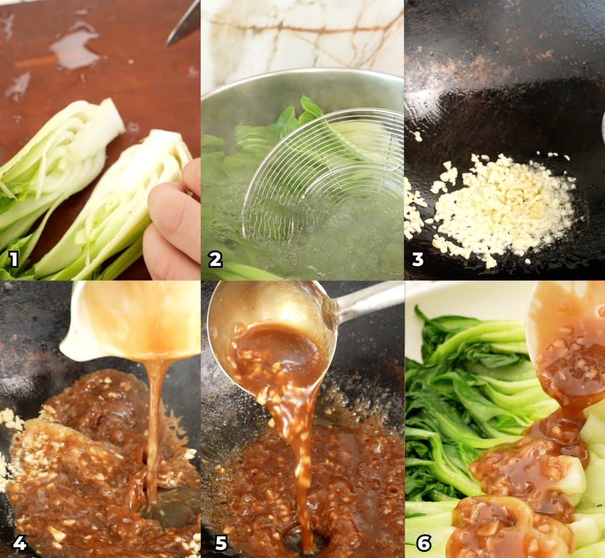 A 6 photo collage showing key cooking steps on how to make bok choy with garlic sauce at home.