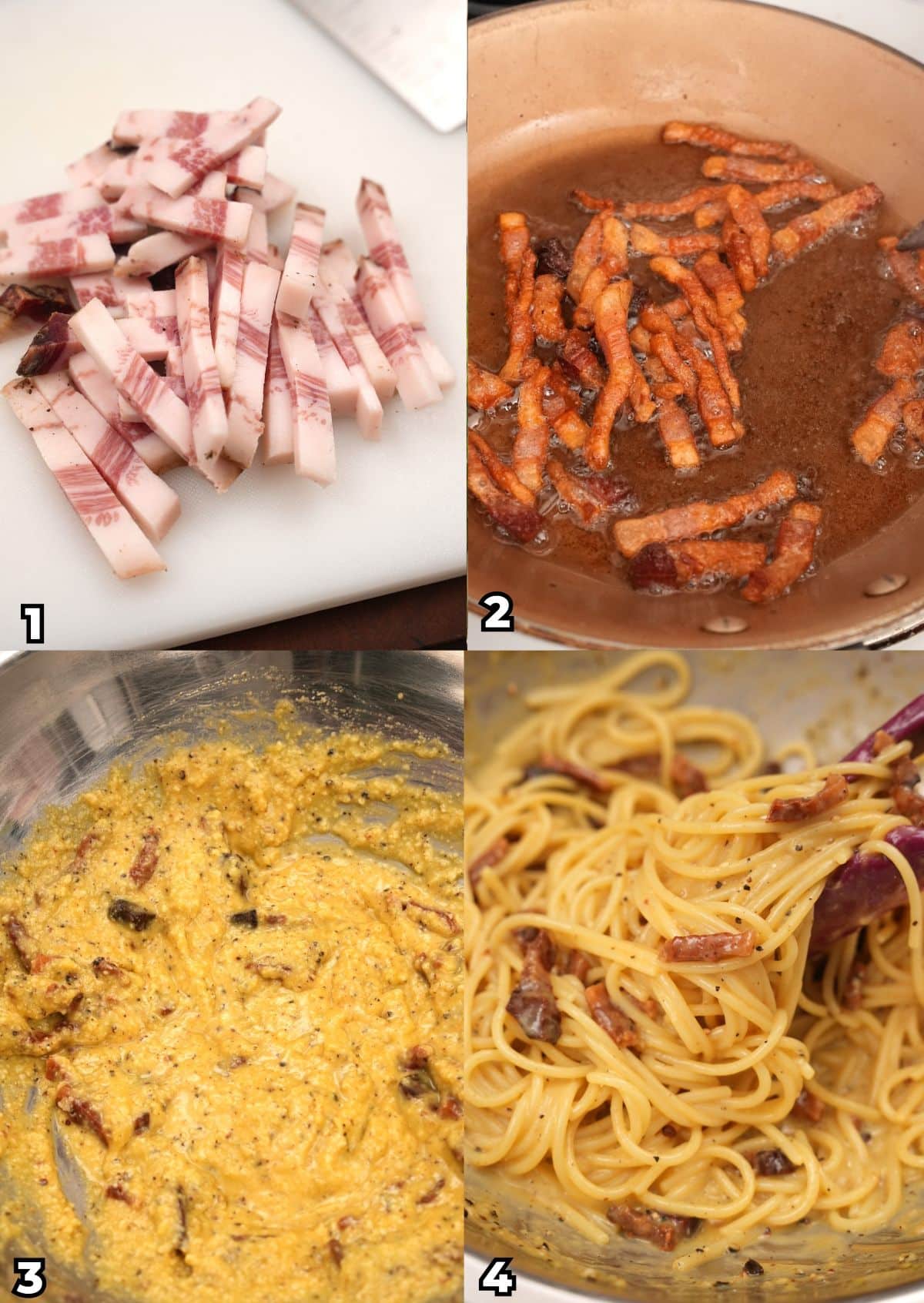 A 4 photo collage of key cooking steps showing how to make an authentic Carbonara at home with guanciale, egg, black pepper and grated cheese.