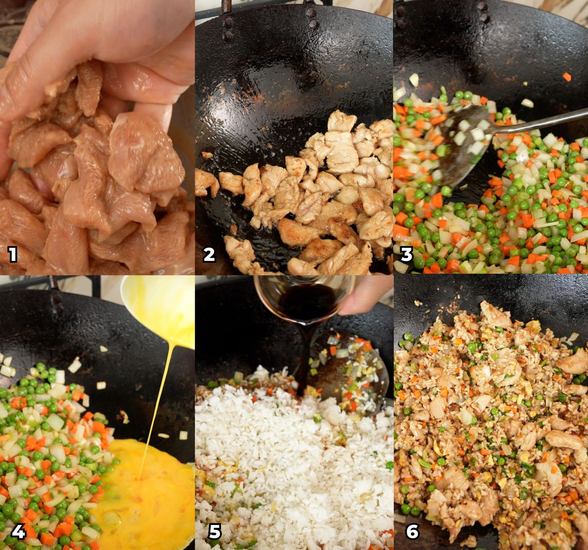 A 6 photo collage showing key cooking steps on how to make Chicken Fried Rice at home.