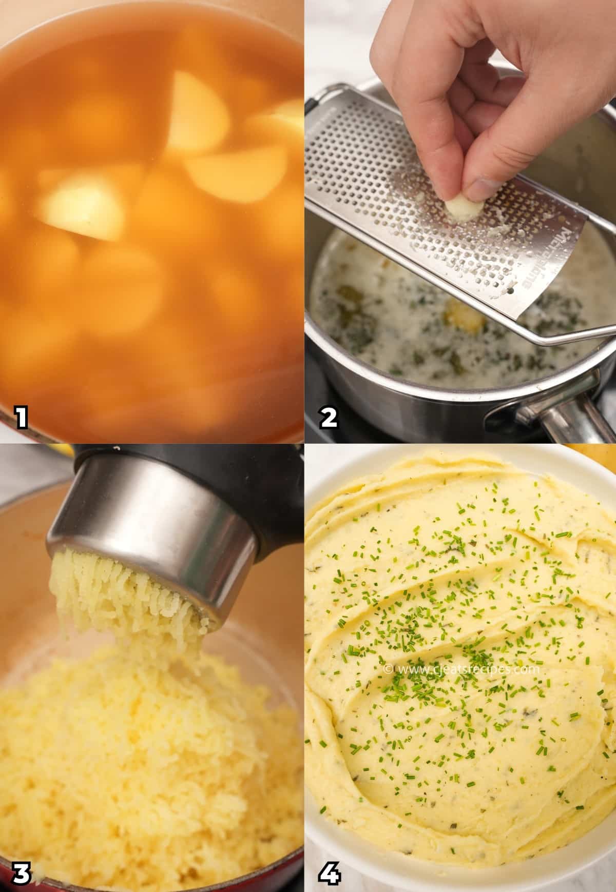 A 4 photo collage on how to make creamy mashed potatoes at home.